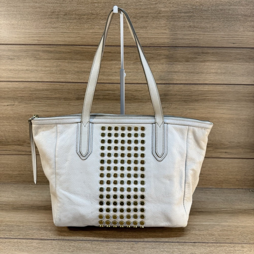 FOSSIL SYDNEY Studded Pebbled Leather Shopper Tote Handbag Purse‎ Caryall Ivory